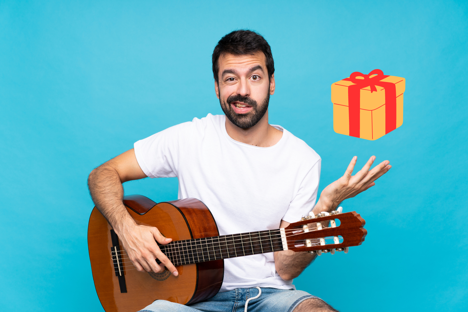 Homem com camisa branca segurando uma guitarra e um presente para roqueiros